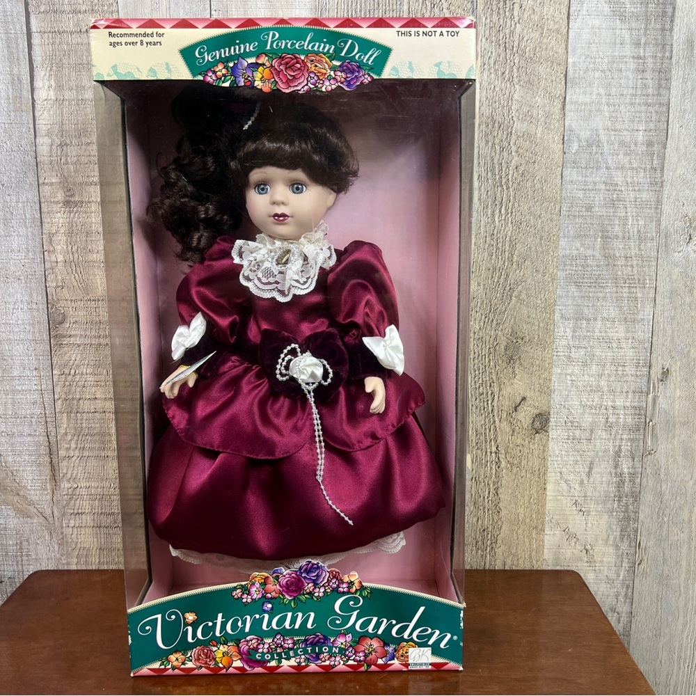 Victoria Garden Collection Brass Key Genuine Porcelain Doll w/Burgundy D…